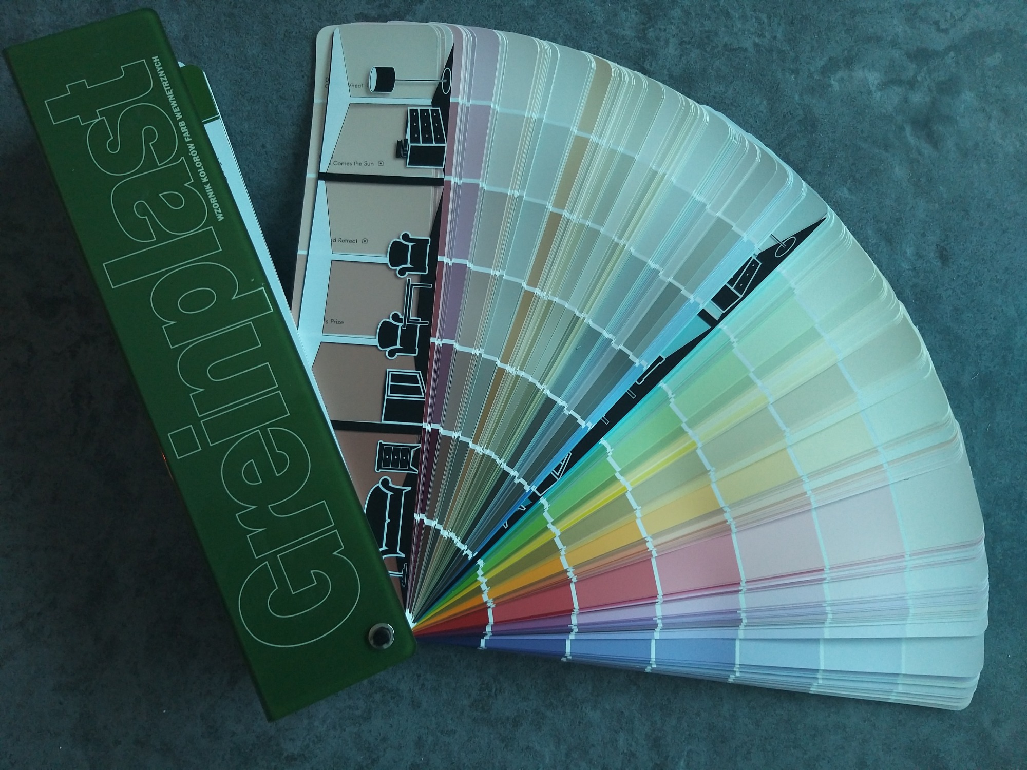 Wzornik kolorów farb wewnętrznych Greinplast, wachlarz odcieni od beżu przez pastelowe kolory do fioletu, na szarym tle.