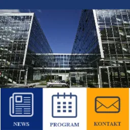 Zrzut ekranu aplikacji mobilnej z widokiem na Międzynarodowe Forum Gospodarcze w Gdyni 2014, prezentujący menu z ikonami: News, Program, Kontakt, Lokalizacja, Facebook i Rejestracja, na tle budynku...