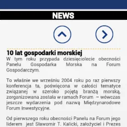 Zrzut ekranu aplikacji mobilnej z logo i nazwą Międzynarodowego Forum Gospodarczego w Gdyni z 2014 roku oraz sekcją aktualności dotyczących 10-lecia gospodarki morskiej.