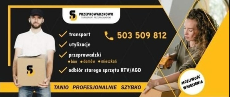Grafika reklamowa firmy oferującej usługi transportowe i przeprowadzkowe: mężczyzna trzyma karton z logo firmy, kobieta pakuje karton taśmą, widoczne hasła reklamowe i numer telefonu.