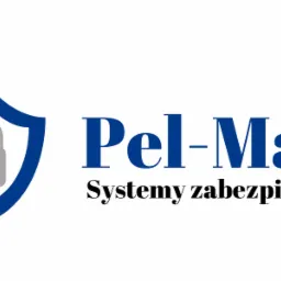 Logo firmy Pel-Mak Systemy Zabezpieczeń przedstawia niebieską tarczę z szarym zamkiem w środku, obok nazwa firmy w kolorze niebieskim i hasło 'Systemy zabezpieczeń' poniżej.