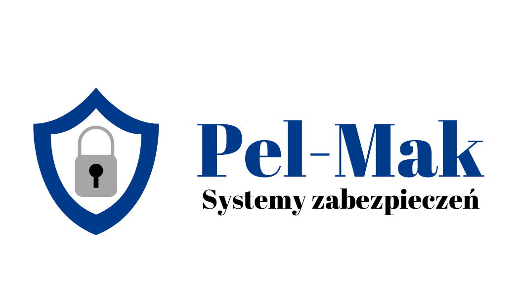 Logo firmy Pel-Mak Systemy Zabezpieczeń przedstawia niebieską tarczę z szarym zamkiem w środku, obok nazwa firmy w kolorze niebieskim i hasło 'Systemy zabezpieczeń' poniżej.