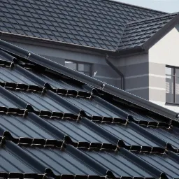 Nowoczesny, czarny dach z blachy na tle jasnego budynku z szarymi pasami, widoczna rynna.