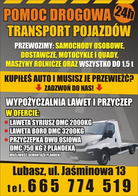 Ogłoszenie wypożyczalni lawet i przyczep z ofertą: laweta Syriusz, laweta Boro, przyczepka dwuosiowa oraz informacją o transporcie pojazdów i pomocy drogowej 24h, widoczny adres i numer telefonu.