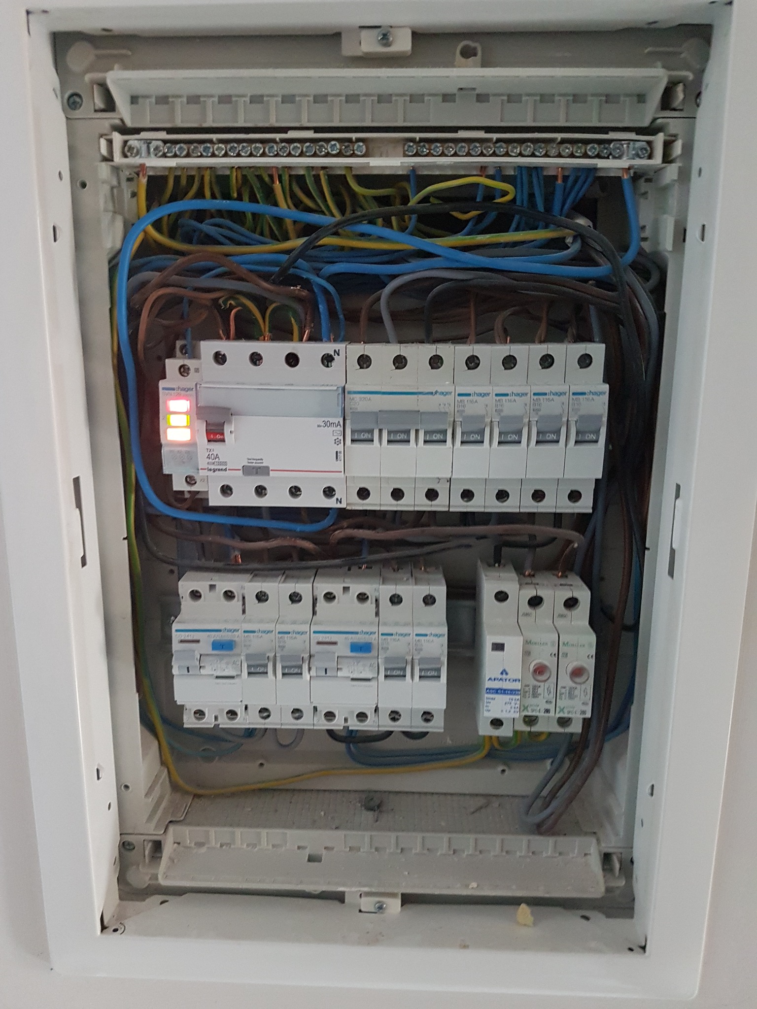 Otwarta skrzynka rozdzielcza z bezpiecznikami, różnicówką i przewodami, widoczne elementy marki Hager i Apator, z włączonymi diodami sygnalizacyjnymi na jednym z zabezpieczeń.