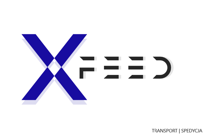 Logo firmy XFEED z dużą, niebieską literą X i napisem TRANSPORT | SPEDYCJA w dolnym rogu.