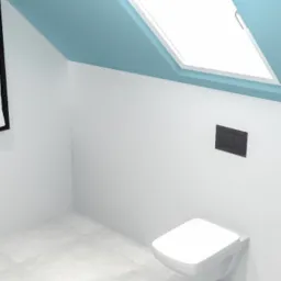 Wizualizacja łazienki na poddaszu z oknem dachowym, białą ceramiką i niebieskim sufitem.