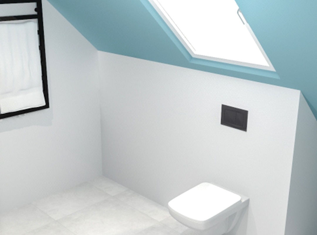 Wizualizacja łazienki na poddaszu z oknem dachowym, białą ceramiką i niebieskim sufitem.