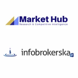 Logotypy firm Market Hub i infobrokerska.pl, specjalizujących się w badaniach rynku i konkurencyjności.