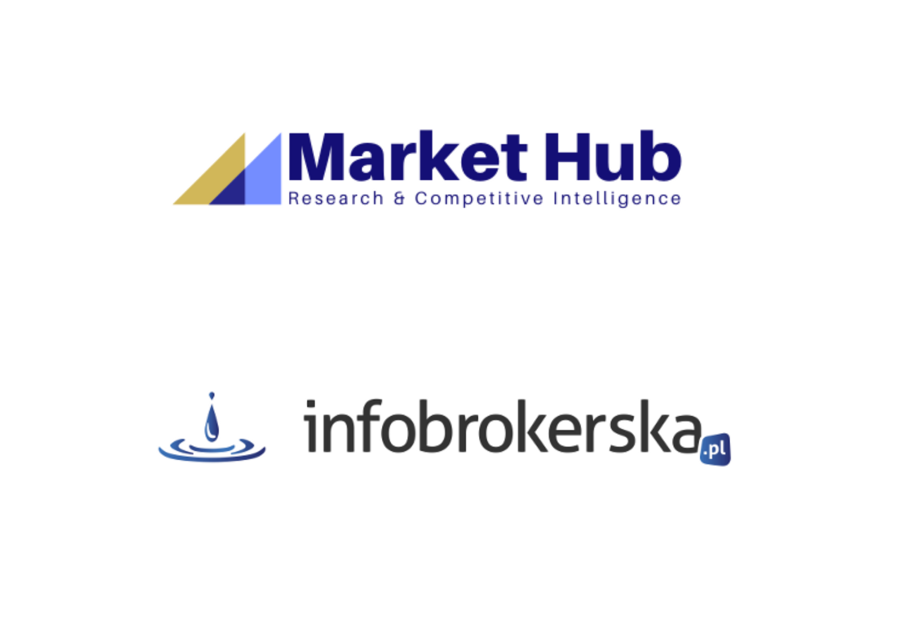 Logotypy firm Market Hub i infobrokerska.pl, specjalizujących się w badaniach rynku i konkurencyjności.