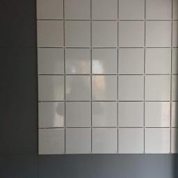 Gol-Bud - Ściana wyłożona białymi, kwadratowymi płytkami ceramicznymi z ciemną fugą, sąsiadująca z szarą ścianą pomalowaną farbą, widoczne drewniane elementy sufitu.