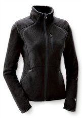 Czarna polarowa bluza damska z suwakiem, widoczne kieszenie na suwak i stójka, prezentowana na białym tle.