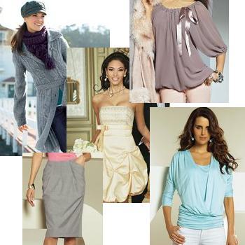 Kolaż prezentujący różnorodną odzież katalogową, w tym długi szary kardigan z grubym splotem i fioletowym szalem, kremową sukienkę bez ramiączek z marszczeniami, szarą spódnicę ołówkową, liliową...