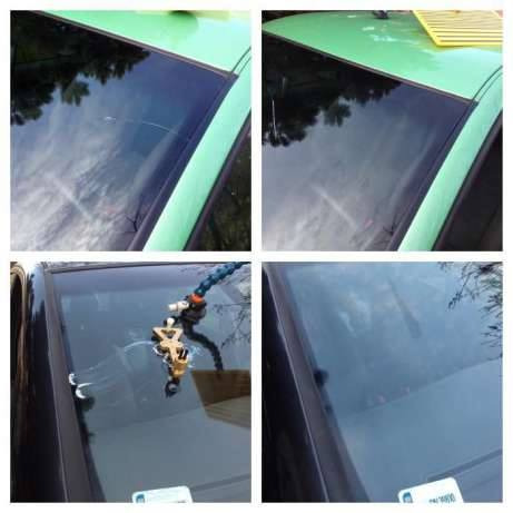 Czterokadrowy kolaż prezentujący proces naprawy pękniętej przedniej szyby samochodu: od widocznego uszkodzenia, przez aplikację żywicy za pomocą specjalistycznego sprzętu, po efekt końcowy...