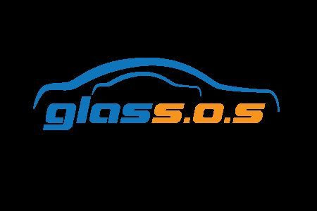 Logo firmy Glass.O.S z sylwetkami dwóch samochodów, jeden wewnątrz drugiego, w kolorach niebieskim i pomarańczowym na czarnym tle.
