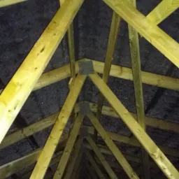 Konstrukcja drewniana więźby dachowej z widocznymi łącznikami stalowymi, sfotografowana od wewnątrz pod ostrym kątem.