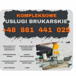 Grafika reklamowa usług brukarskich z numerem telefonu, prezentująca fragment układanej kostki brukowej, gumowy młotek i dłoń w roboczej rękawicy.