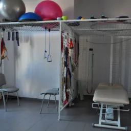 Sala rehabilitacyjna z drabinkami, stołem do masażu i piłkami do ćwiczeń, widoczne różnorodne akcesoria do rehabilitacji zawieszone na drabinkach.