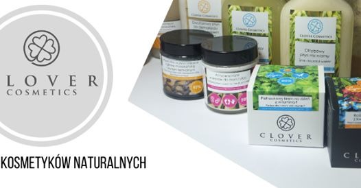 Prezentacja produktów naturalnych marki Clover Cosmetics, obejmująca peelingi, kremy i olejki do ciała, z logo firmy w lewym rogu.