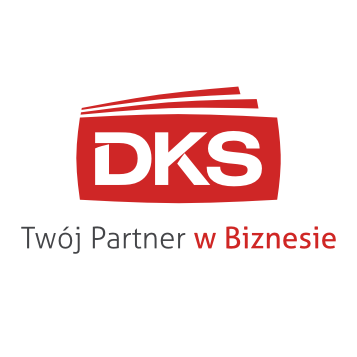 Czerwone logo firmy DKS z hasłem 'Twój Partner w Biznesie' na białym tle.