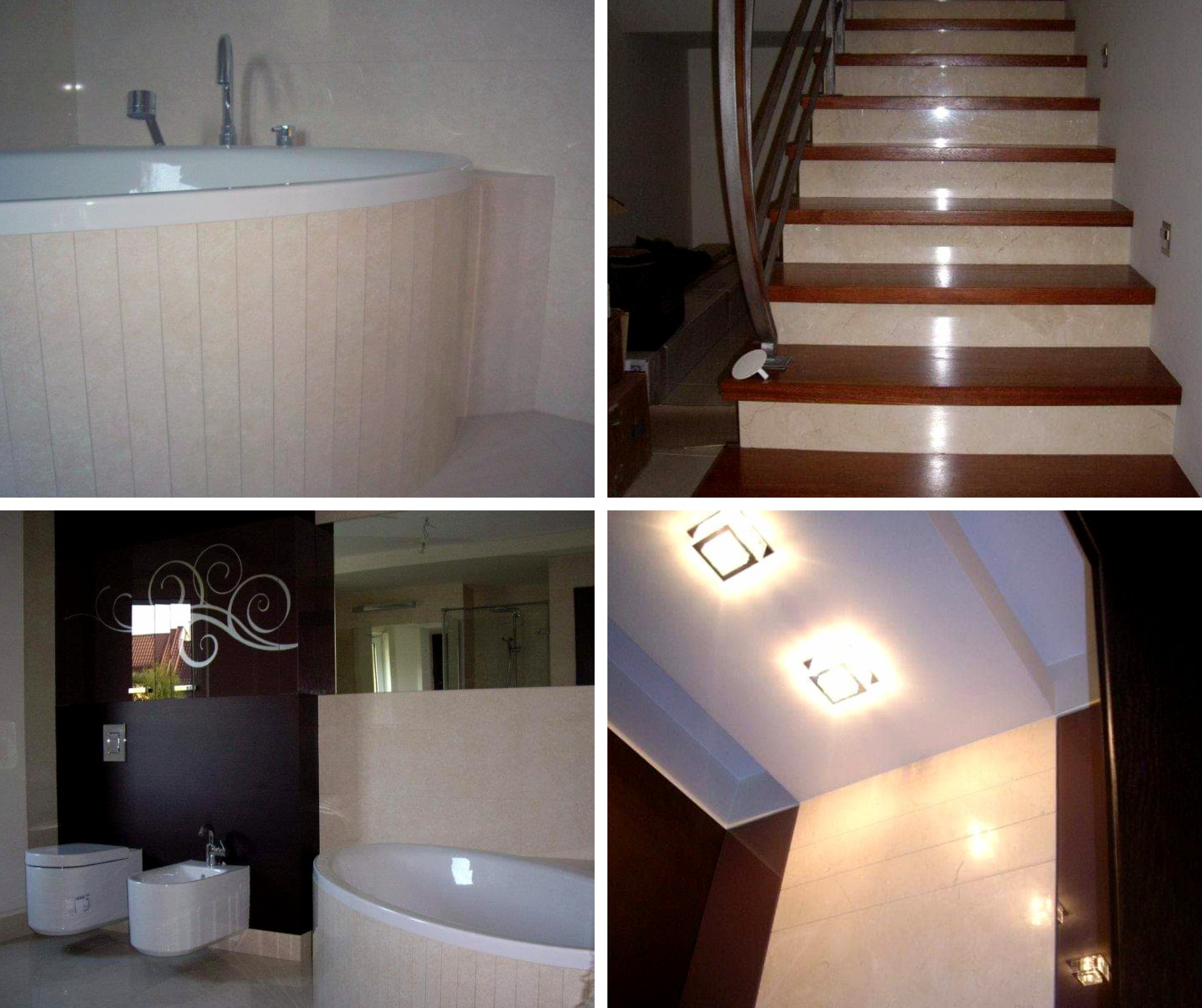 Kafelkowana wanna w łazience z widocznym bidetem, toaletą i lustrem z dekoracyjnym wzorem. Na innym ujęciu schody z drewnianymi stopniami i marmurowymi podstopnicami oraz sufit z wbudowanym...