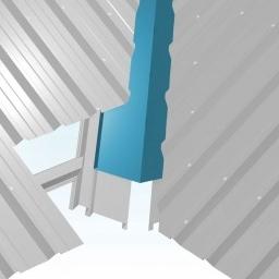 Raveco - Schemat połączenia arkuszy blachy trapezowej z uszczelnieniem, widok od dołu, ilustracja montażu z akcentem na detale łączenia.