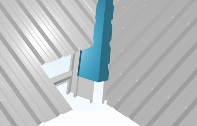 Schemat połączenia arkuszy blachy trapezowej z uszczelnieniem, widok od dołu, ilustracja montażu z akcentem na detale łączenia.