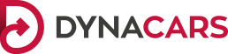 Logo firmy DynaCars z czerwonym symbolem strzałki w lewo i szarym napisem DYNA oraz czerwonym CARS na czarnym tle.