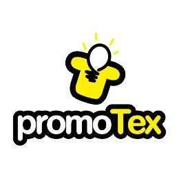 Żółto-czarne logo 'promoTex' z motywem żarówki stylizowanej na koszulkę, umieszczone na białym tle.