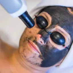 Kobieta z maską węglową na twarzy i ochronnymi okularami podczas zabiegu laserowego w salonie kosmetycznym, widoczny czerwony punkt lasera na nosie.