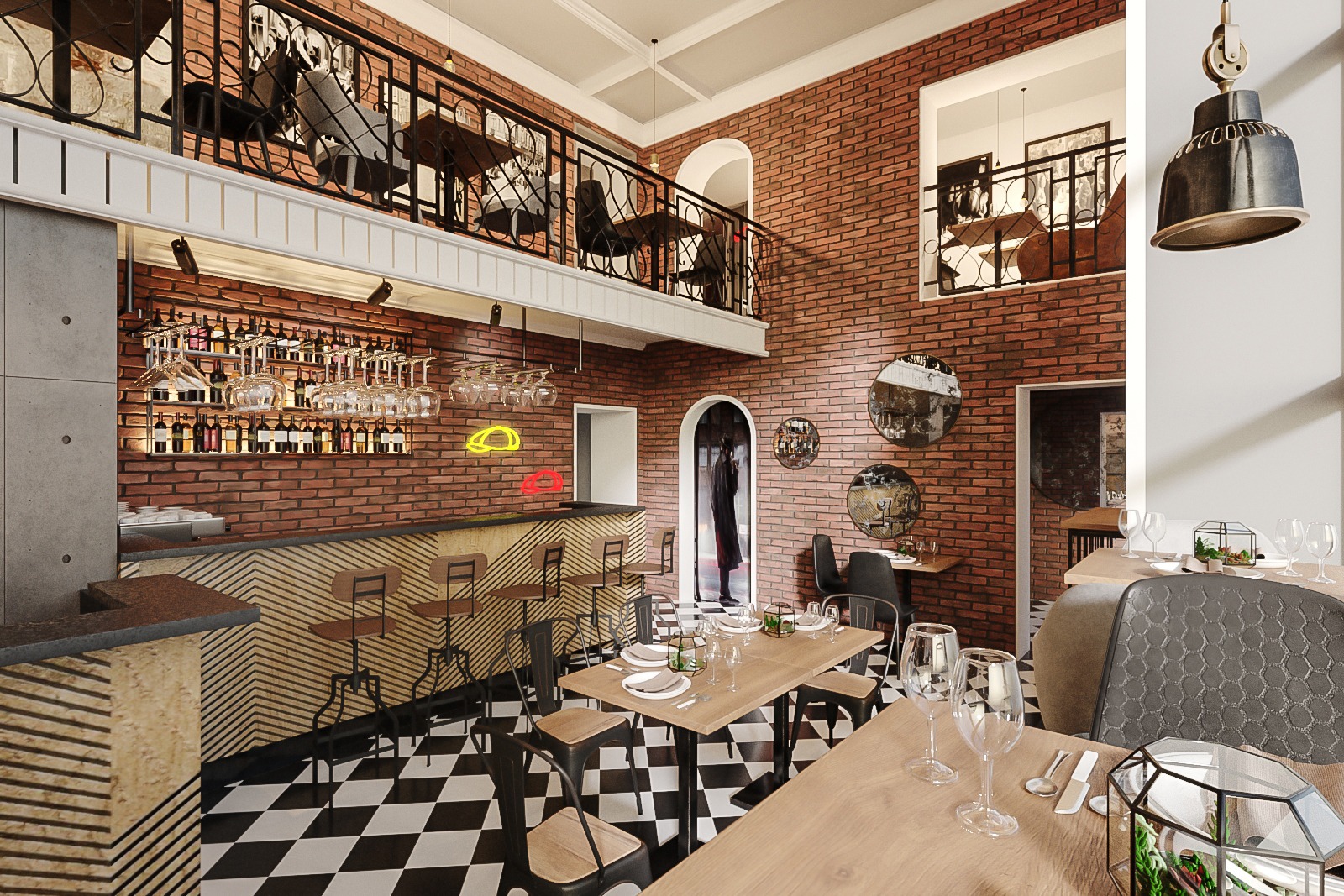 Wnętrze restauracji z antresolą, ceglanymi ścianami, barem z neonami i stolikami nakrytymi do posiłku. Czarno-biała szachownica na podłodze. W tle widoczne okrągłe lustra na ścianie.