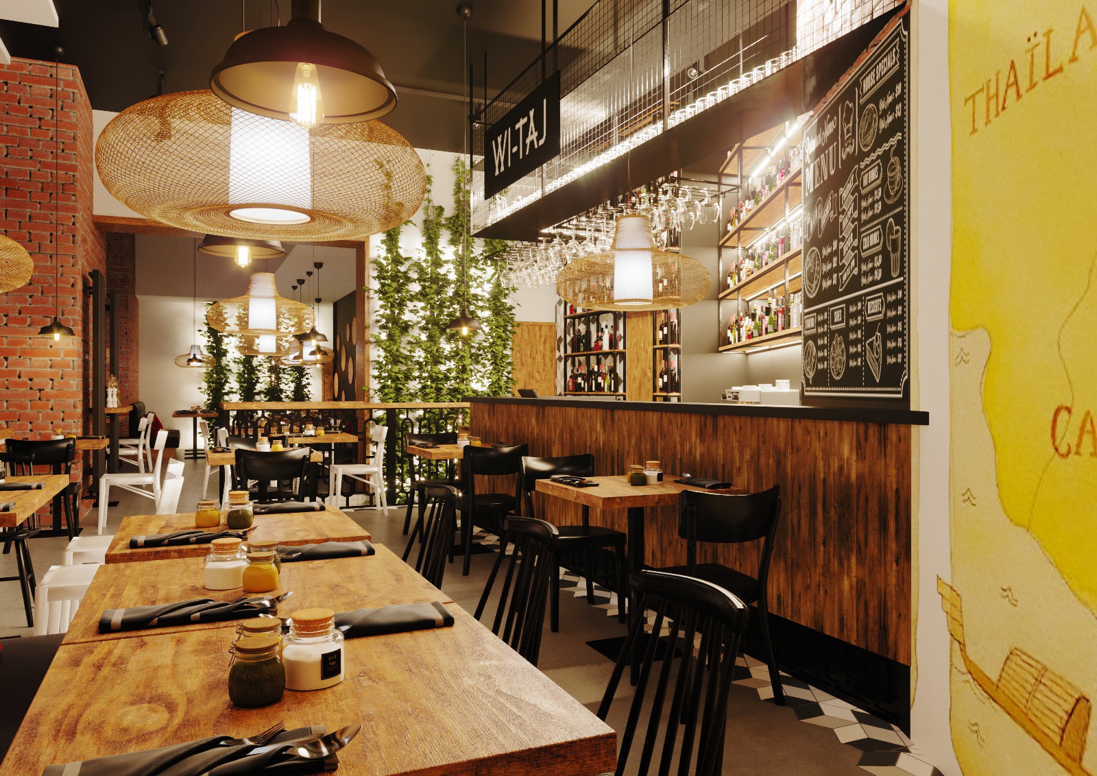 Wnętrze restauracji Wi-taj w Warszawie: drewniane stoły z czarnymi serwetkami i przyprawnikami, rattanowe lampy wiszące, bar z drewnianym frontem i półkami z alkoholem, tablica menu, ściana z cegły...
