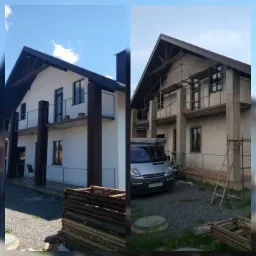 Porównanie stanu elewacji budynku przed i po malowaniu, widoczne rusztowania i samochód dostawczy.