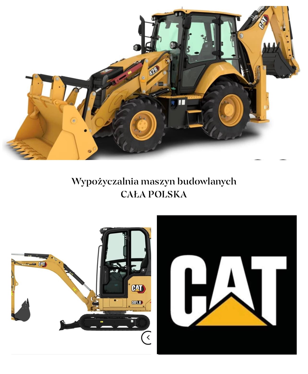 Żółta koparko-ładowarka Caterpillar 428 na białym tle, poniżej mniejsza koparka Caterpillar 301.8 i logo firmy Caterpillar.