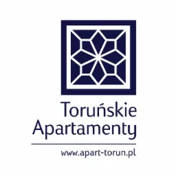 Logo firmy Toruńskie Apartamenty z geometrycznym ornamentem w kolorze granatowym i adresem strony www.apart-torun.pl