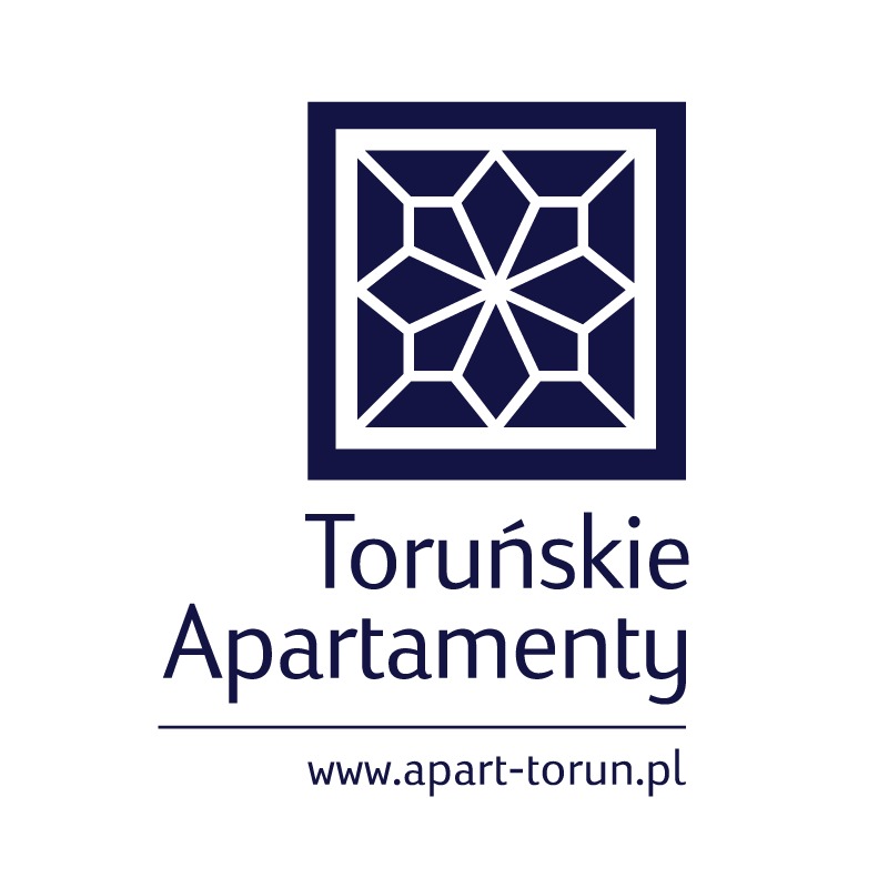 Logo firmy Toruńskie Apartamenty z geometrycznym ornamentem w kolorze granatowym i adresem strony www.apart-torun.pl