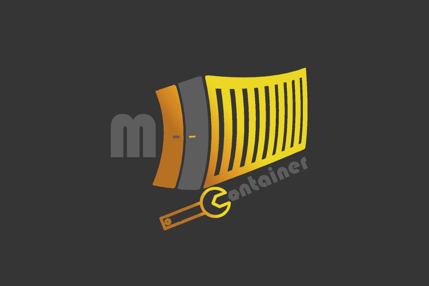 Graficzne logo firmy z abstrakcyjnym motywem kontenera, kluczem i literą 'm' na ciemnoszarym tle.