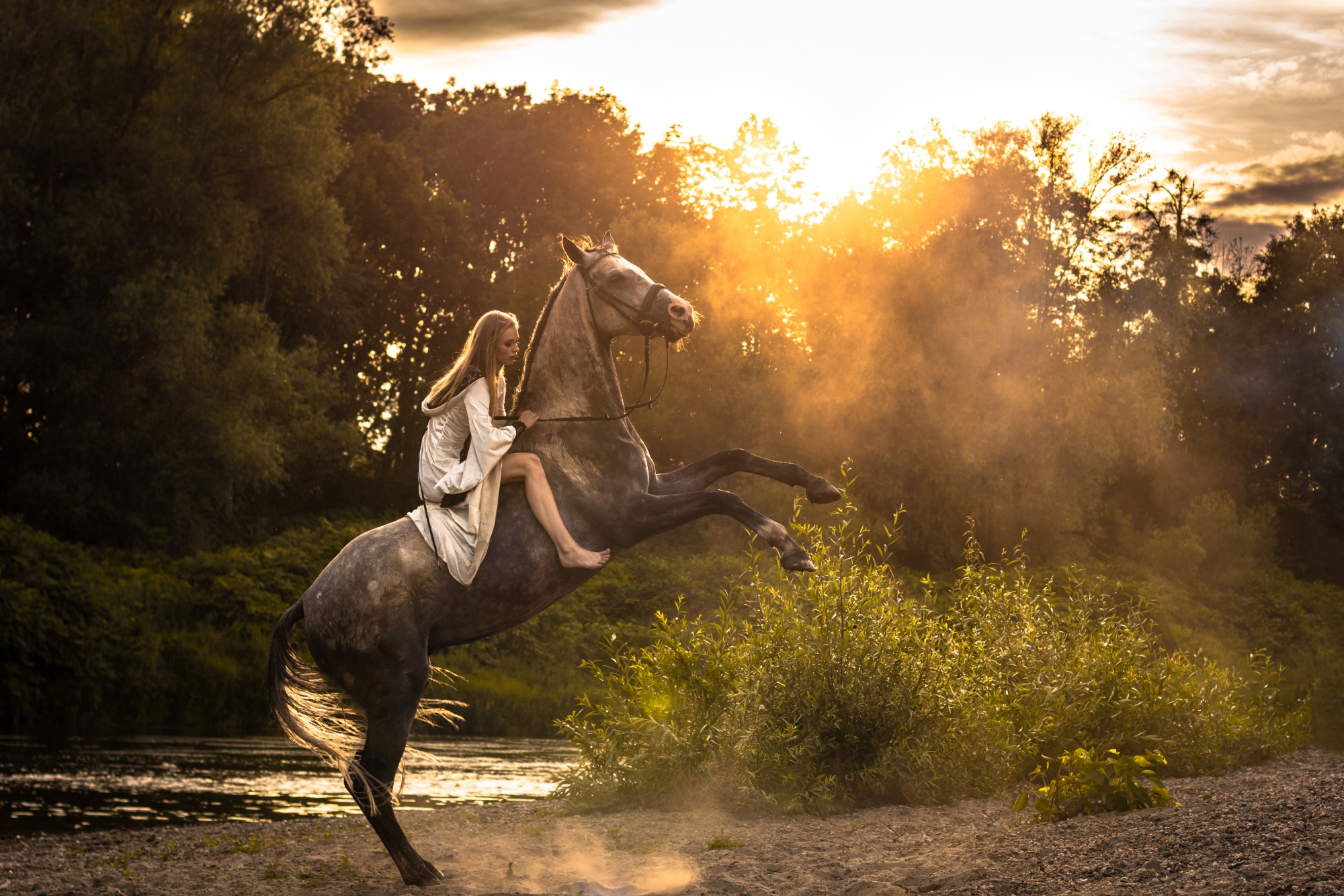 Młoda kobieta w białej szacie, boso, siedzi na wspiętym siwym koniu na tle zachodzącego słońca i drzew.