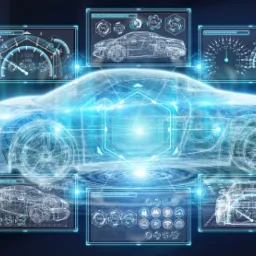 Futurystyczny interfejs diagnostyczny samochodu z wizualizacją 3D, wyświetlający dane z czujników i schemat pojazdu.