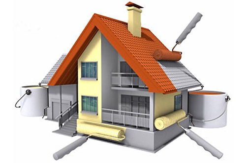 Ilustracja 3D domu w trakcie malowania elewacji i dachu za pomocą wałków malarskich i farby w wiadrach.