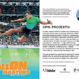 Prezentacja projektu strony internetowej Ballon Masters z ilustracją postaci w stylu kreskówkowym kopiącej piłkę na tle stadionu, opis projektu, logo Adobe, Wordpress, Figma i JS.