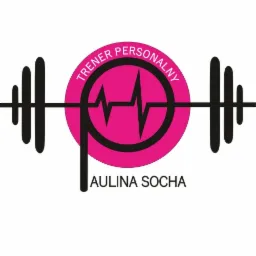 Logo z ciężarami, różowym okręgiem i pulsem, nazwa 'Trener Personalny' w okręgu, imię i nazwisko 'Paulina Socha' poniżej.