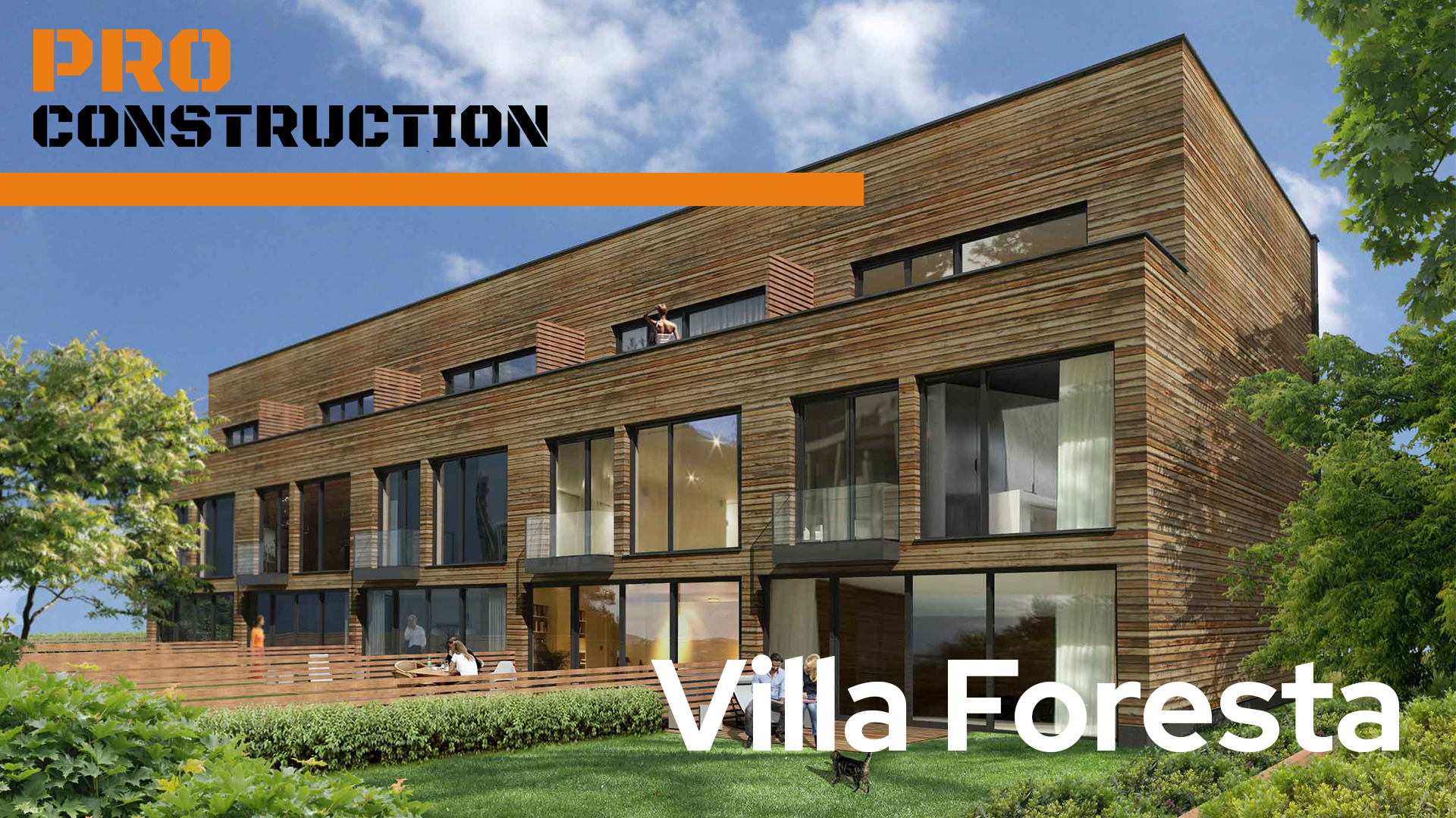 Wizualizacja budynku wielorodzinnego Villa Foresta z drewnianą elewacją, dużymi oknami i balkonami, otoczonego zielenią, z logo PRO Construction u góry.