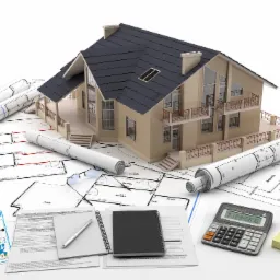 Wizualizacja domu modułowego z ciemną dachówką, otoczona planami architektonicznymi, kalkulatorem, notatnikami i charakterystyką energetyczną, prezentowana na białym tle.