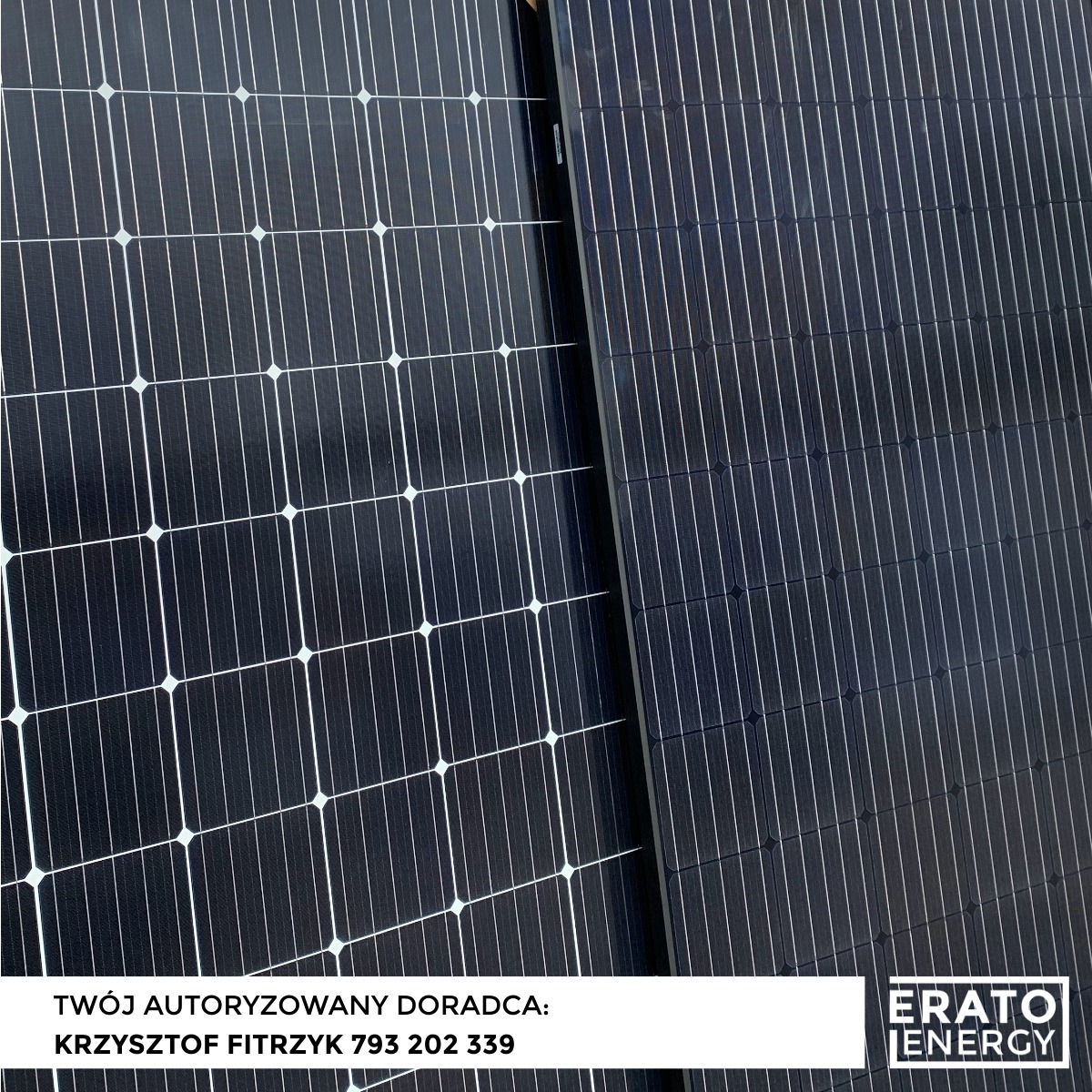 Dwa panele fotowoltaiczne, jeden z wyraźną siatką przewodzącą, drugi z mniej widoczną, umieszczone obok siebie, z widocznym logo firmy i danymi kontaktowymi doradcy.