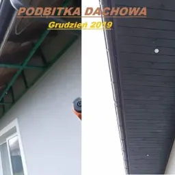 Porównanie stanu podbitki dachowej przed i po montażu desek w kolorze grafitowym, widoczne oświetlenie punktowe.