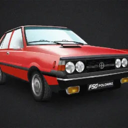 Stylizowana grafika przedstawiająca czerwonego FSO Poloneza na ciemnym tle z czerwonym pasem, ukazująca detale nadwozia i charakterystyczne elementy.