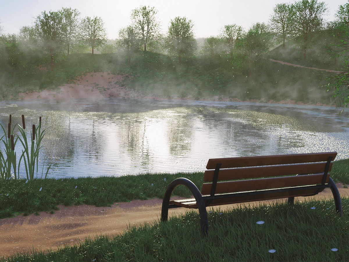 Wizualizacja 3D: Ławka parkowa z widokiem na jezioro we mgle, z trzcinami po lewej stronie i ścieżką w tle.