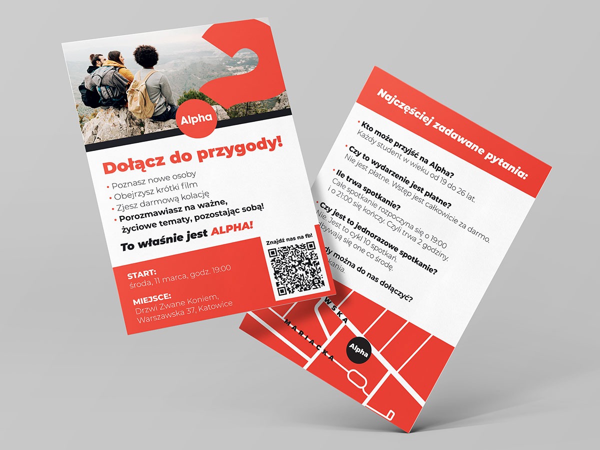 Dwa czerwono-białe ulotki reklamowe Alpha z informacjami o spotkaniach dla studentów, widok z góry, z QR kodem i mapą dojazdu.