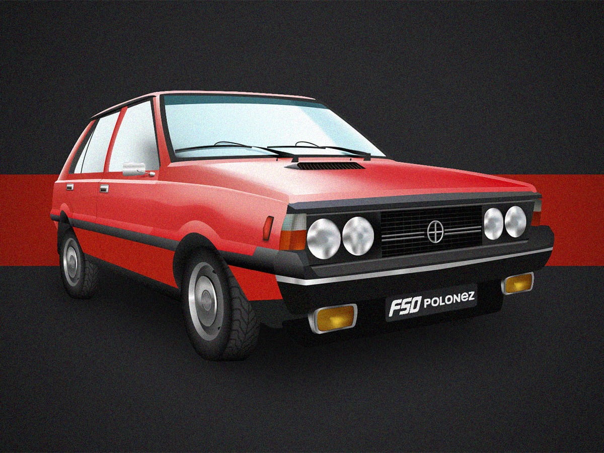 Stylizowana grafika przedstawiająca czerwonego FSO Poloneza na ciemnym tle z czerwonym pasem, ukazująca detale nadwozia i charakterystyczne elementy.